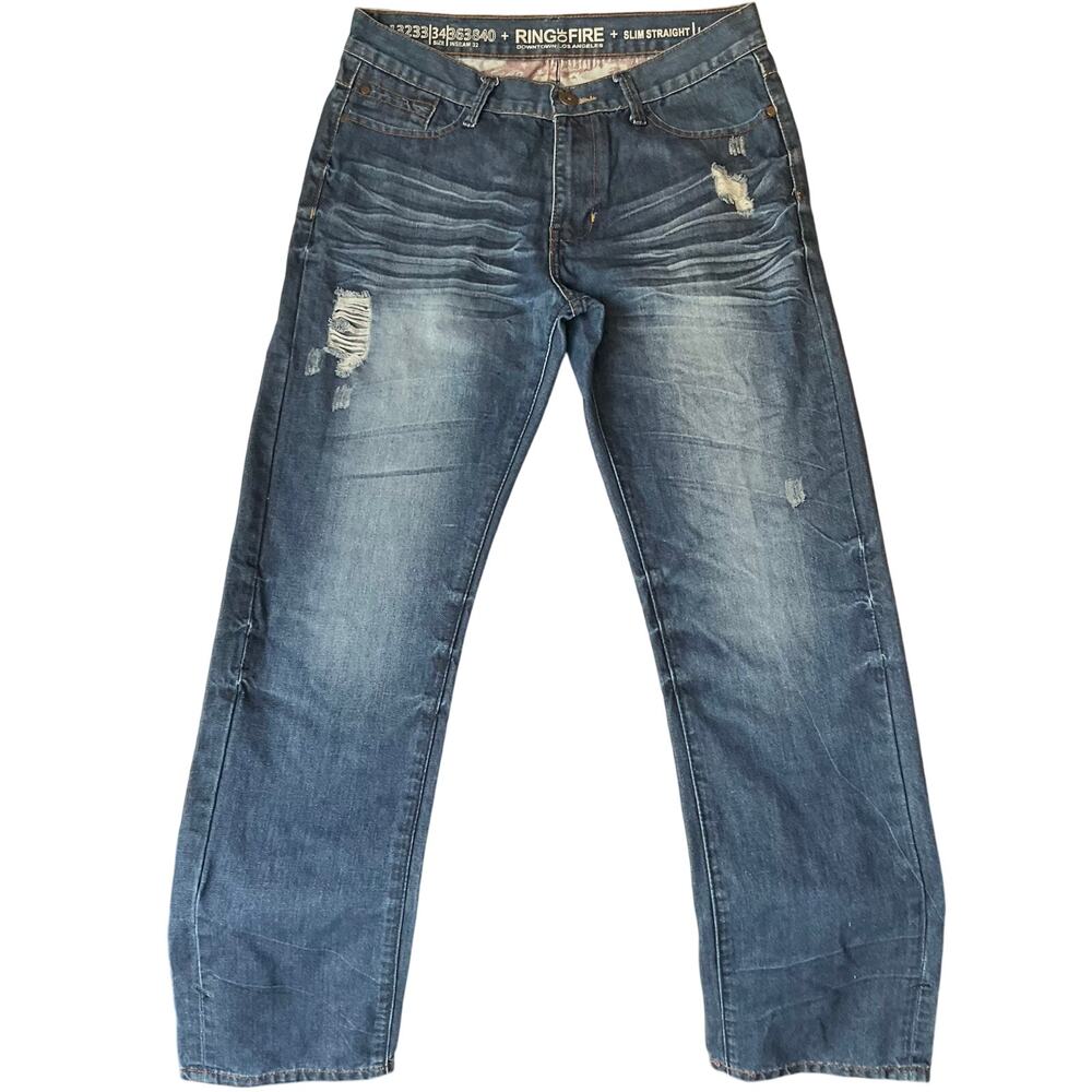 Ring of Fire Men Slim Straight Jeans size 34 x 32 Blue Mid Rise Frayed